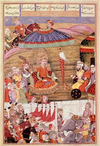 Arte islamica: Sohrab guarda di nuovo la tenda di Roustam (miniatura persiana da un manoscritto del poema epico Shahnameh di Ferdowsi)