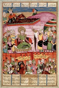Arte islamica: Sohrab (Saharab) al campo di Roustam. Miniatura persiana da un manoscritto del poema epico Shahnameh (Libro dei Re) di Ferdowsi (ca. 940-1020) da Islamic School