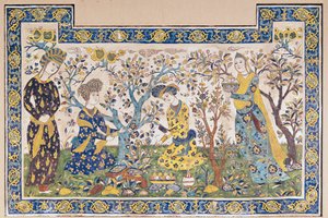 Pannello murale di figure che si rilassano in un giardino, dal Tchehel Sutun o Padiglione delle Quaranta Colonne costruito da Shah Abbas II, persiano, da Isfahan, Iran da Islamic School