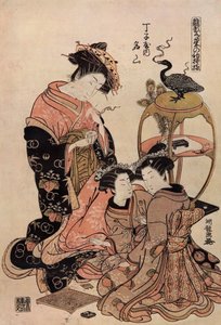 Cortigiana giapponese in kimono che beve una tazza di tè da Isoda Koryusai