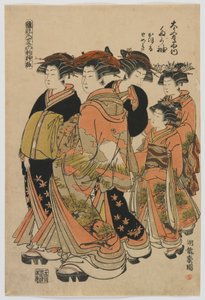 Modelli di moda: nuovi disegni come foglie fresche: la cortigiana Tagasode di Daimonjiya con Katsuru, Tomeki e assistenti, periodo Edo, 1778-80 (stampa xilografica a colori) da Isoda Koryusai