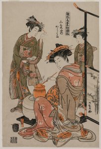 La cortigiana Karahama di Yamashiroya che esegue la cerimonia del tè (dalla serie Modelli per la moda: nuovi disegni freschi come foglie giovani) da Isoda Koryusai