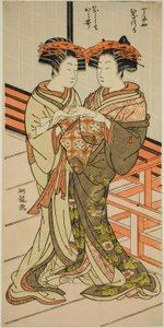 Le cortigiane Hinazuru e Karauta del Chojiya che tengono una lettera da Isoda Koryusai