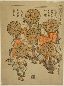 La danza del cappello fiorito (Hanagasa odori), dalla serie "Spettacoli comici del festival Niwaka nei quartieri del piacere (Seiro niwaka kyogen)" da Isoda Koryusai