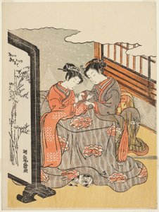 Due giovani donne che giocano alla culla del gatto da Isoda Koryusai