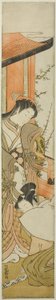 Giovane donna in abiti da corte che riceve una lettera da un uomo inginocchiato da Isoda Koryusai