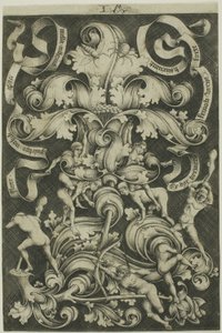 Ornamento con fiore e otto personaggi selvatici da Israhel van Meckenem the younger