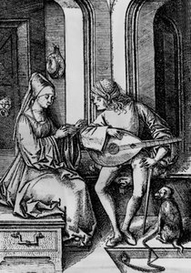 Una donna che canta mentre un uomo suona un liuto da Israhel van the younger Meckenem