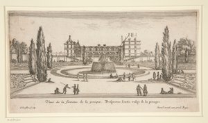 Vista del Castello di Liencourt: Un cortile con una fontana da Israël Silvestre