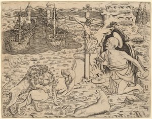San Girolamo in Penitenza, con Due Navi in un Porto da Italian 15th Century