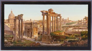 Un tavolo a micro-mosaico romano con figure davanti ai Templi di Castore e Polluce nel Foro Romano