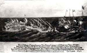 Battaglia navale tra la flotta veneziana sotto il generale Francesco Morosini (1618-94) contro i turchi al largo della costa di Creta, ottobre 1645