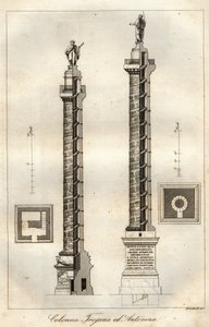 Sezione trasversale della Colonna Traiana (Colonna Traiana) (113 CE) e della Colonna di Antonino Pio (161 CE) a Roma - incisione da 