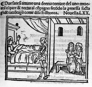 Un uomo innamorato della moglie del suo amico lo sostituisce nella casa matrimoniale quando muore. Illustrazione per la novella 70 (novella 10 del sesto giorno) del "Decameron" di Giovanni Boccaccio. Incisione in "Decamerone ouer Cento novelle" da Italian School