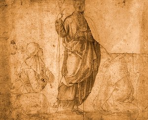Un santo con due donne inginocchiate (gesso rosso su carta)