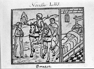 Una donna incontra due cavalieri e ha una coppia in una stanza. Illustrazione per la novella 53 (Novella 3 del 6° giorno) del "Decameron" di Giovanni Boccaccio. Incisione in "Decamerone ouer Cento nouelle" Venezia