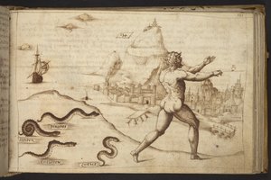 Add. 82955, f.133 Serpenti che inseguono una figura umana, da Historia Animalium, (consistente in 245 disegni a penna e inchiostro di diverse specie di animali e creature mitiche, ciascuno accompagnato da una descrizione.) 1595