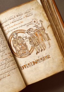 Adorazione dei Magi. Manoscritto della scuola bolognese. (Ms.123-Foglio 40 r) 11° secolo. Roma, Biblioteca Angelica