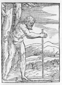 Un indiano Tainos accende un fuoco strofinando due pezzi di legno. Incisione da "Navigationi e Viaggi" di Giovanni Battista Ramusio (1565)