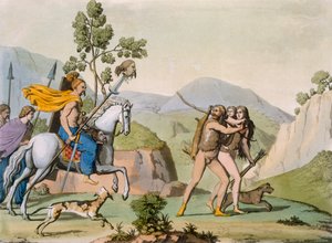 Antichi guerrieri celtici in una scorreria incontrano una coppia a caccia, c.1800-18 (incisione colorata) da Italian School