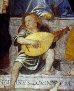 Angelo musicista che suona il liuto. Dettaglio di un affresco del XVII secolo da una chiesa di Milano da Italian School