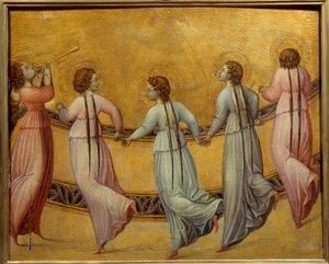 Angeli che danzano davanti al sole. Girotondo di angeli su sfondo dorato che si tengono per mano. Pittura anonima della scuola italiana da Italian School