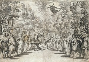 Apollo sta per attaccare il pitone, da La Pellegrina di Girolamo Bargagli, inciso da Carracius da Italian School