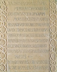 Archeologia del Medioevo. Arte barbarica della Lombardia: lapide della regina Ragnetrude, datata 740-750. Arte longobarda. Pavia, Museo Civico, Sezione Archeologica da Italian School