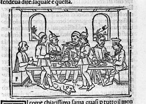 Scena di banchetto alla presenza di membri della nobiltà fiorentina. Illustrazione per il "Decameron" di Giovanni Boccaccio. Incisione in "Decamerone ouer Cento novelle" da Italian School