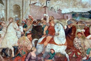 Scena di battaglia fuori dalle mura della città da Italian School