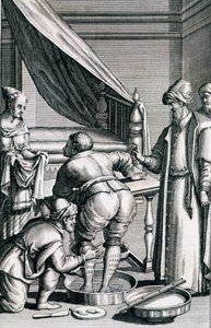 Salasso nelle gambe, da Medicina Aegyptiorum di Prospero Alpini, pubblicato 1745