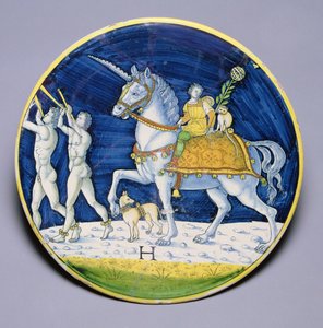 Piatto raffigurante il cavallo di Cesare dal Trionfo di Cesare, attribuito a Jacopo di Pietro, italiano, da Caffaggiolo da Italian School