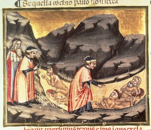 Canto XXXIII Dante e Virgilio incontrano Ugolino nel Cerchio dei Traditori, dalla Divina Commedia (Inferno), c.1313 da Italian School