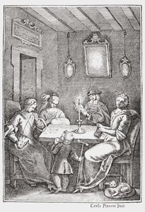 Chiaqlira legge racconti a un gruppo di cucito, copertina del Pentamerone di Giambattista Basile, 1742 da Italian School