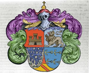 Stemma del navigatore Cristoforo Colombo (1451-1506): le quattro parti dello scudo rappresentano in alto la città di Castiglia e León, in basso le isole scoperte e gli ancoraggi simbolo dell