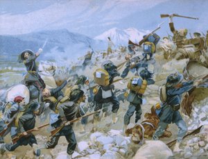Guerra di Crimea e la battaglia della Chernaya, 16 agosto 1855, illustrazione da un album sulla storia del Risorgimento realizzato per il cioccolato Talmone, fine XIX secolo