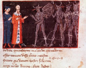 Dante e Virgilio parlano con Malacoda, capo delle squadre dei Malebranche (canto 21 dell