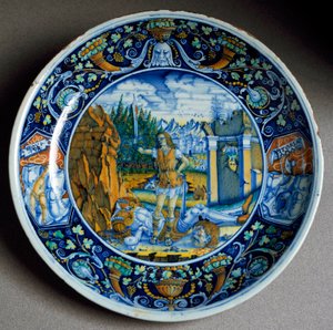 Davide trionfante su Golia, piatto in ceramica prodotto a Faenza, Italia. Intorno al 1507. Firenze, Museo Nazionale del Bargello da Italian School