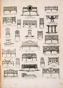 Progetti per sedili da giardino, da A Compendium of Drawings, di J.G. Grohmann, pubblicato 1805 da Italian School