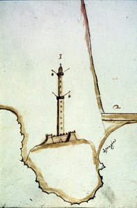 Dettaglio di una mappa topografica manoscritta del XVII secolo che mostra la posizione della lanterna di Genova da Italian School