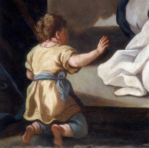 Dettaglio del dipinto raffigurante la Madonna del Rosario con i Santi Domenico e Caterina da Siena