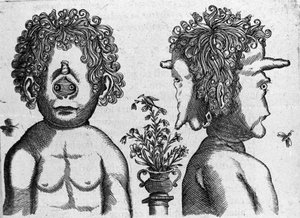 Diversi tipi di mostri umani: volto e volto di testa mostruosa. Incisione da “De monstrorum natura, causis et differentiis” di Fortunio Liceti (1577-1656), scienziato italiano. 1646 da Italian School
