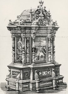 Mobile in ebano con intarsi del falegname Alessandro Monteneri di Perugia (attivo XIX-XX secolo), illustrazione dall