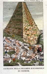 Ingresso di Belzoni nella Piramide di Giza o Chephren (Antico Impero). Giovanni Battista Belzoni (1778-1823), esploratore e archeologo italiano, fece importanti scoperte archeologiche in Egitto. Incisione - in 
