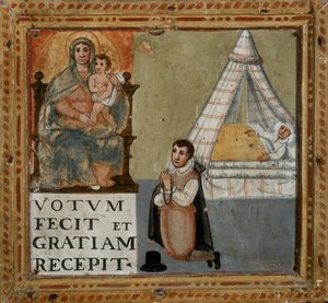 Ex-voto che raffigura un uomo che ringrazia la Vergine in ginocchio per essere guarito da una malattia da Italian School