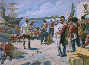 Spedizione dei Mille sotto la guida di Giuseppe Garibaldi, sbarco a Marsala, Sicilia, 1860, illustrazione da un album sulla storia del Risorgimento realizzato per il cioccolato Talmone, fine XIX secolo