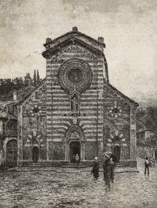 Facciata della cattedrale di Bellano, Lago di Como, incisione da disegno di Quinto Michetti, da L