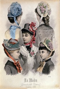 Moda della fine del XIX secolo: diversi modelli di cappelli da donna da Italian School