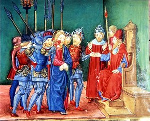 Fol.106v Cristo è condotto come prigioniero davanti ad Anas, il sommo sacerdote