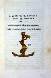 Frontespizio di "Naturalium Questionum Libri VII" o "Natural Questions Book VII" di Seneca il Filosofo o Lucio Anneo Seneca (2 a.C. - 65 d.C.), stampato nel 1503 da Aldo Manuzio, studioso e stampatore veneziano